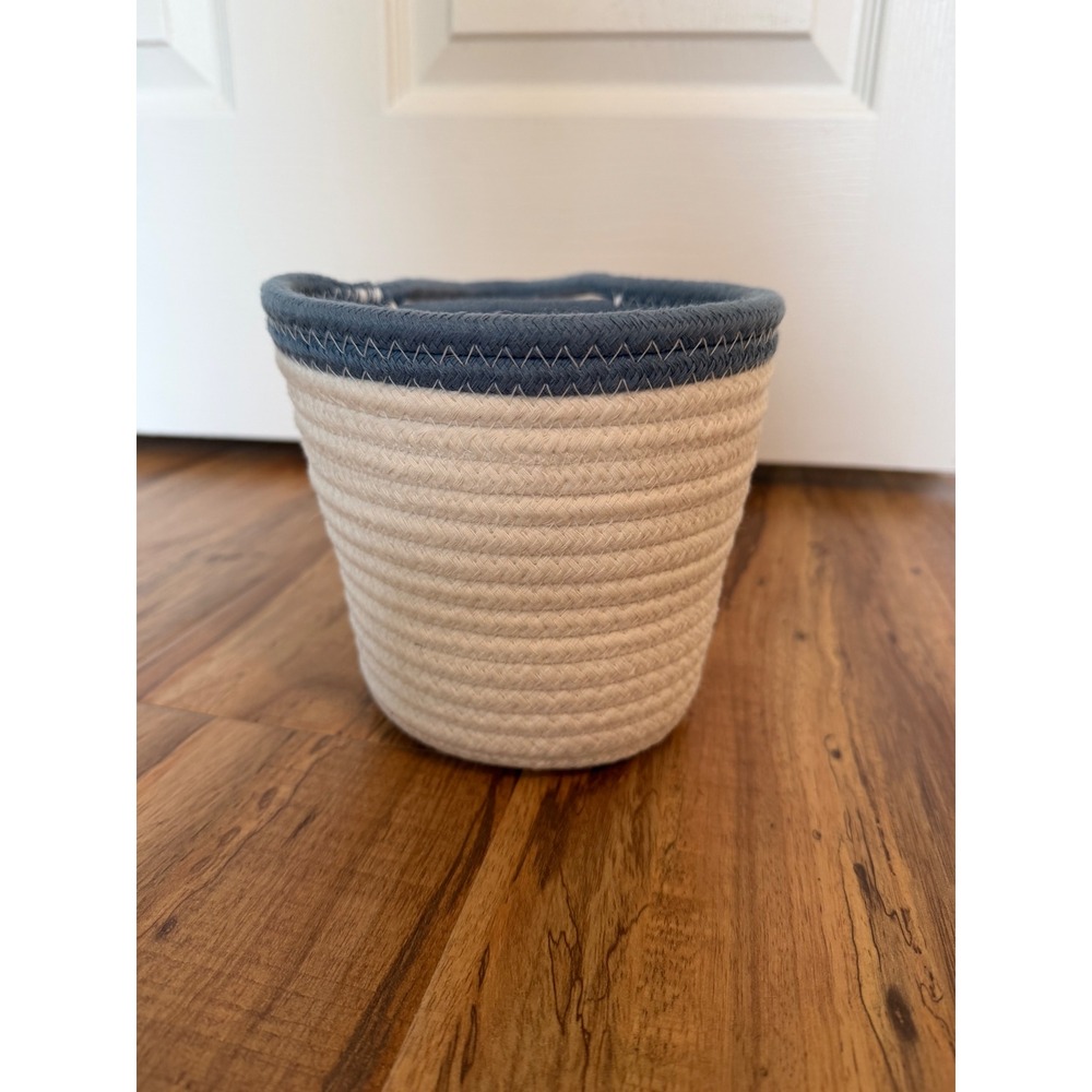 Handmade Cotton Rope Hanging Basket Cream Blue Coiled Woven Storage Decor 6in